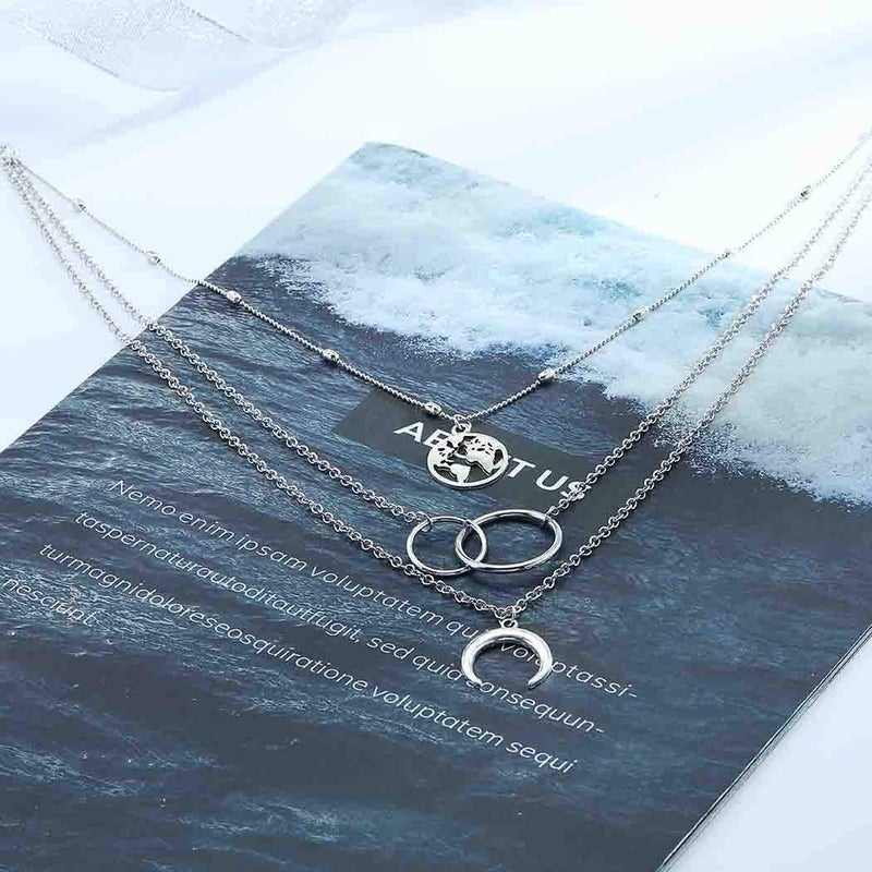Edary Boho Layered Necklace Moon Necklaces Map Pendant Silver Jewelry for Women(Silver) - Image 2